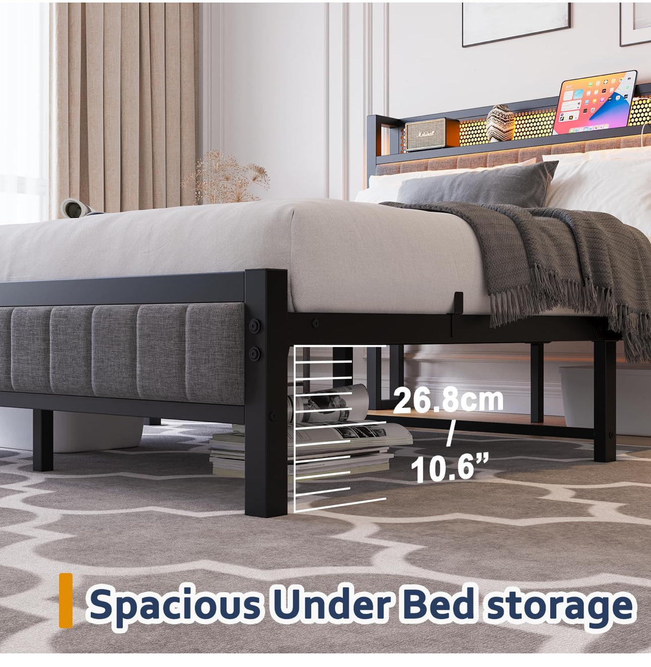 King Size Bed Frame with Upholstered Headboard, Wooden Storage Headboard Shelf, 5ft Upholstered Bed Frame Kingsize with Charging Station/USB Ports and LED Lights
