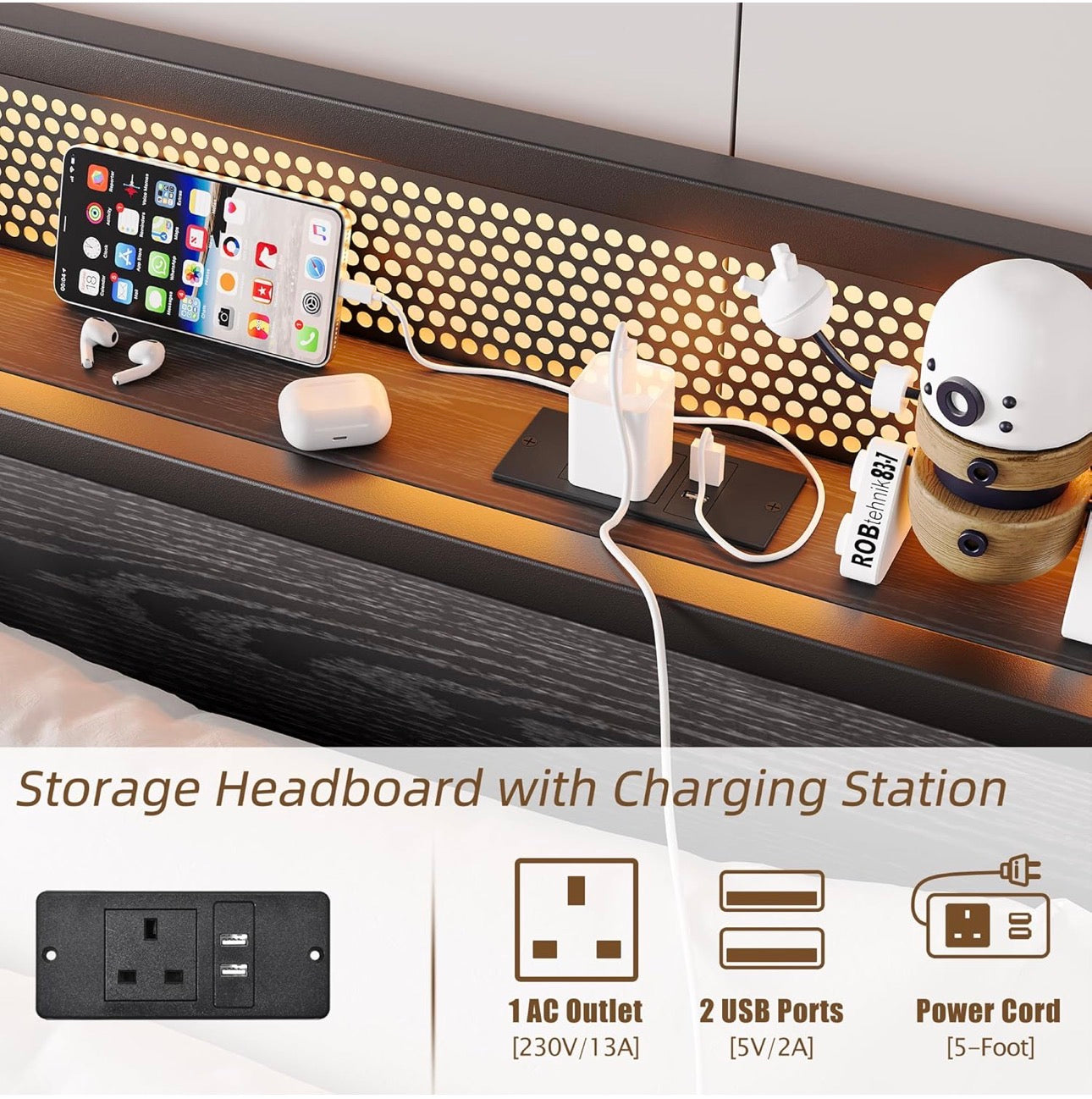 Double Bed Frame with LED Lights Storage Headboard,4ft6 Metal Bed Frame Double Bed with Charging Station