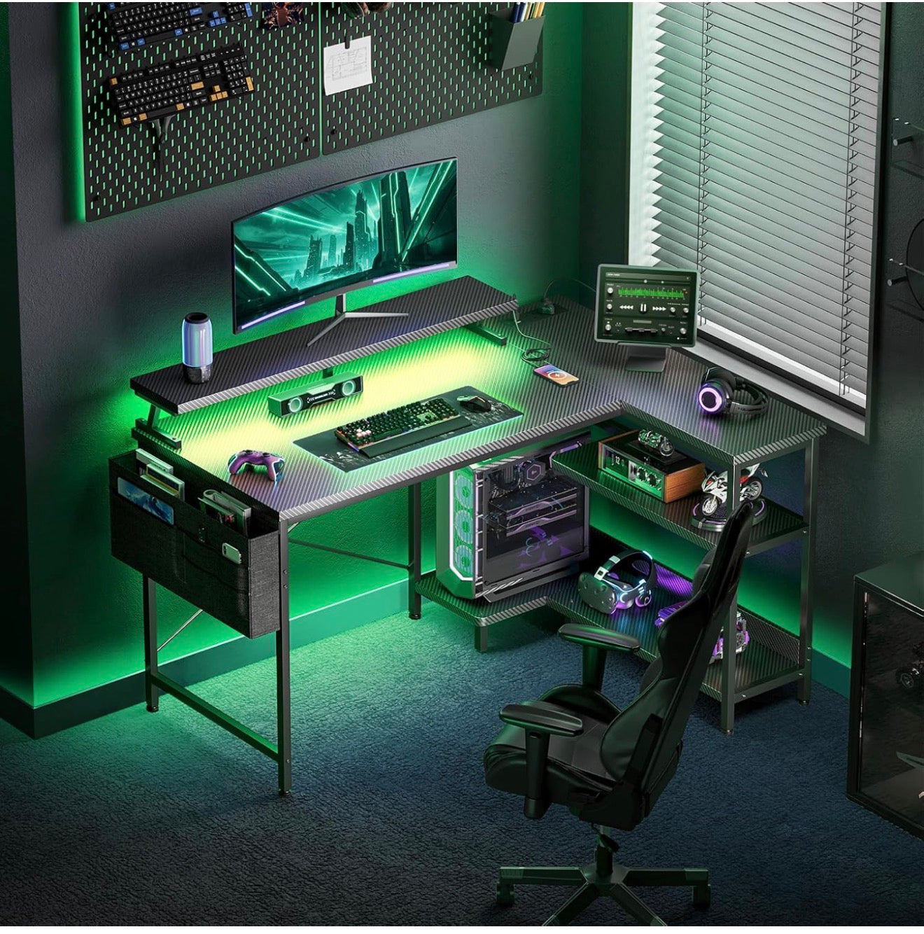 L Shaped Gaming Desk with LED Lights & Power Outlet, 100x70 cm
Carbon Fiber Black Computer Desk with Shelves for Small Spaces, Corner Gaming Table with Monitor Stand for Work Play Office