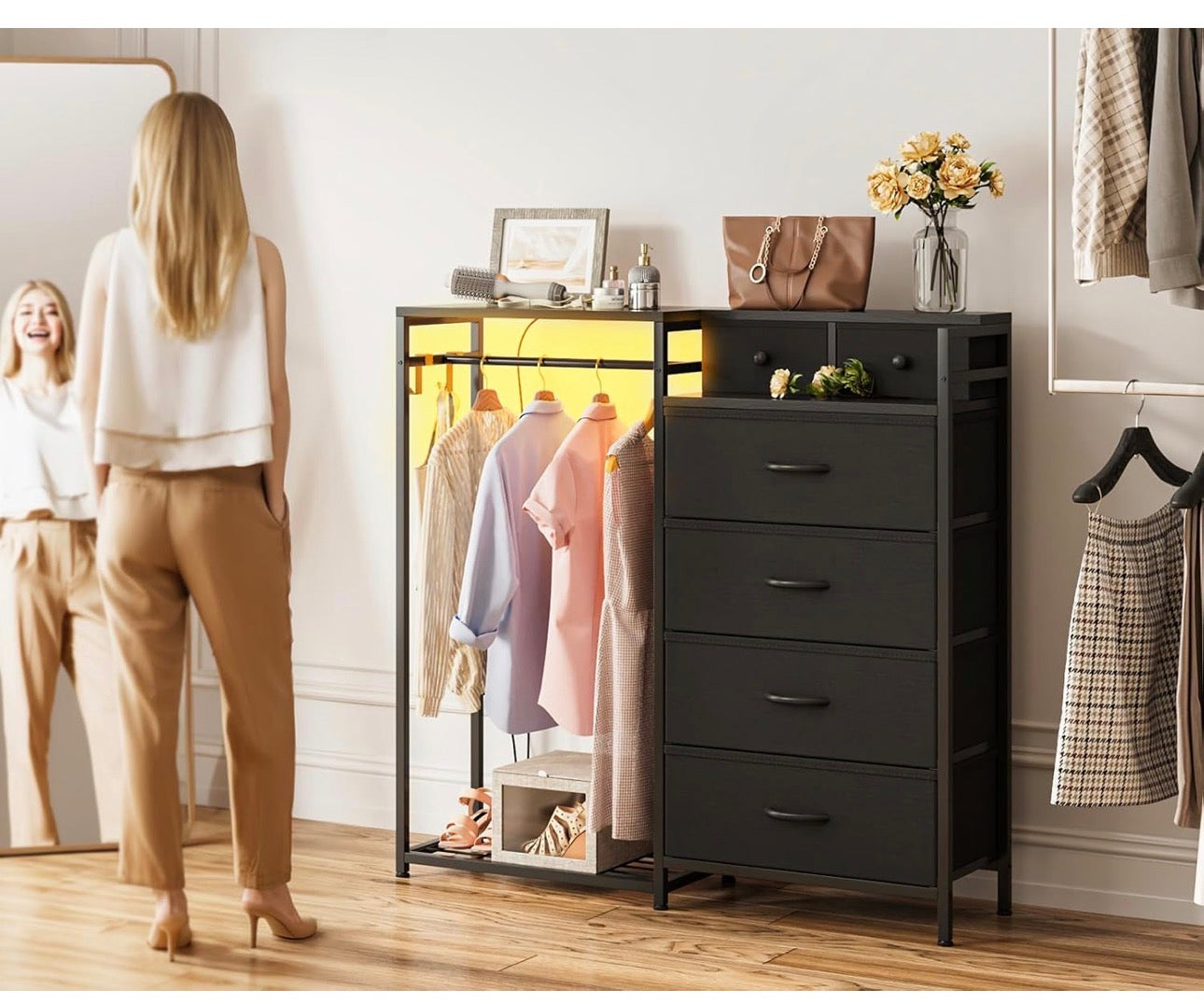 Chest of Drawers Bedroom with Hanging Rail, Built-in LED Lighting and Power Socket