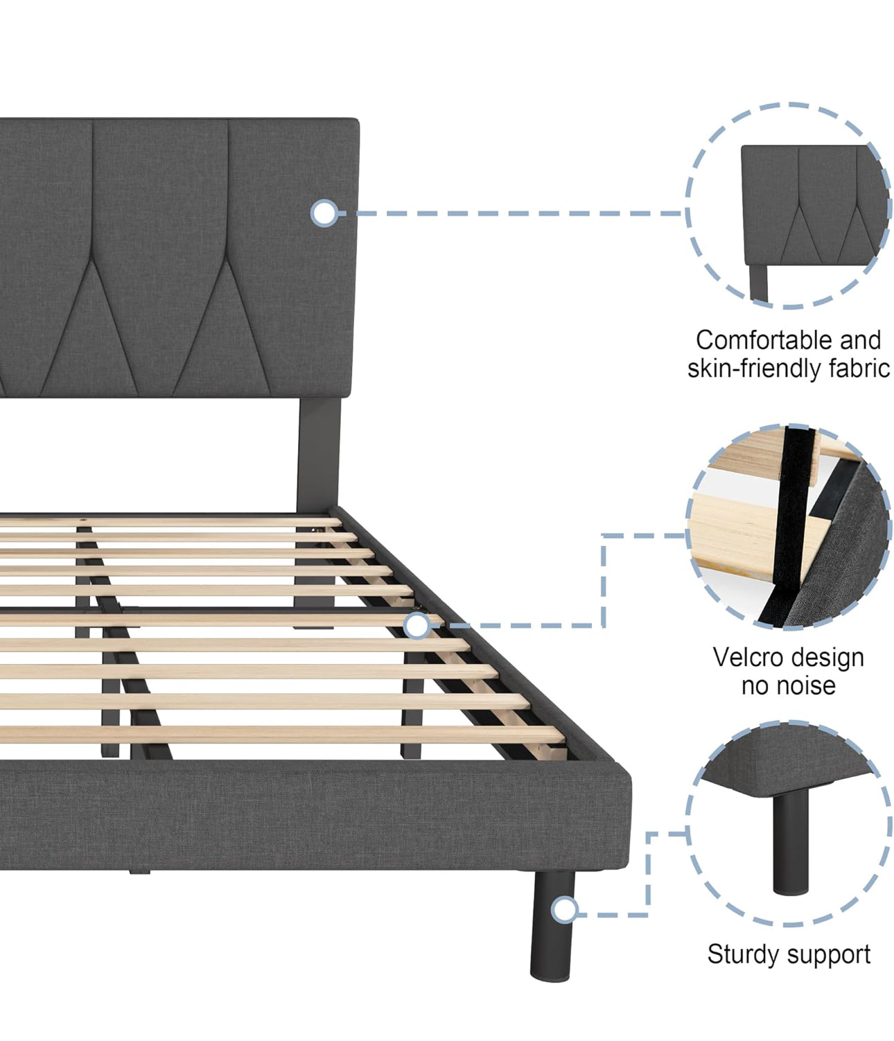 King Bed Frame, Dark Grey, Upholstered Wooden Slat Bed Frame with Headboard