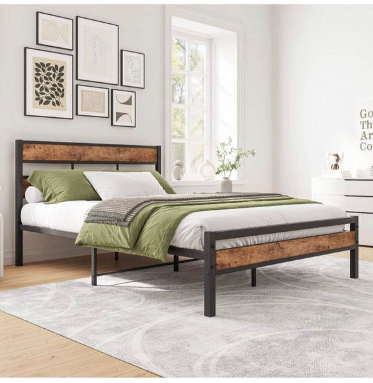 Double Bed Frame with Wood Headboard