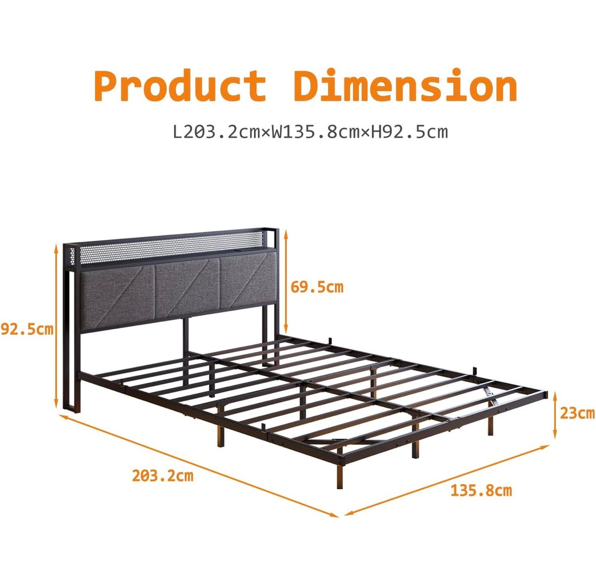 Floating Double Bed Frame with Upholstered Headboard Storage, Black
135x190cm Metal Bed Frame with LED Lights & USB Charging Station, 4ft6 Platform Bed, Heavy Duty Metal Slats, Noise Free