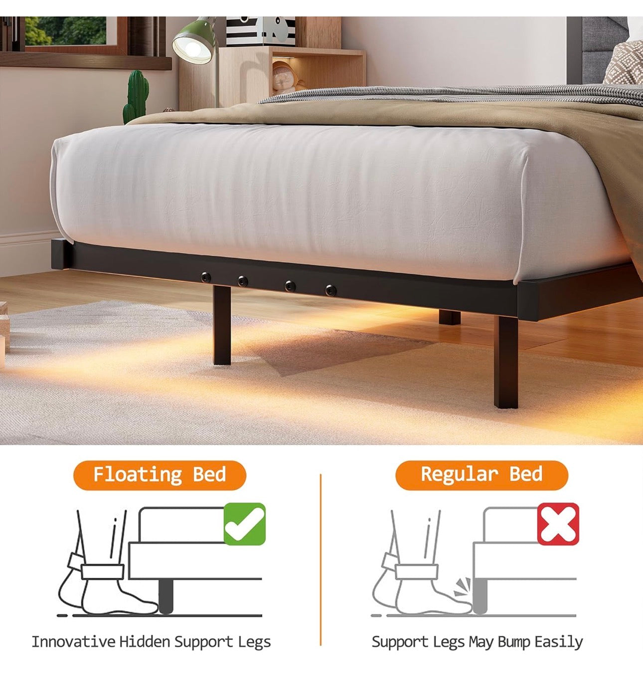 3ft Floating Single Bed Frame Upholstered Platform Bed with Storage Shelf Headboard,Charging Station/LED Lights,Metal Slat Support/Noise Free,No Box Spring Needed,90x190 Single Size,Black