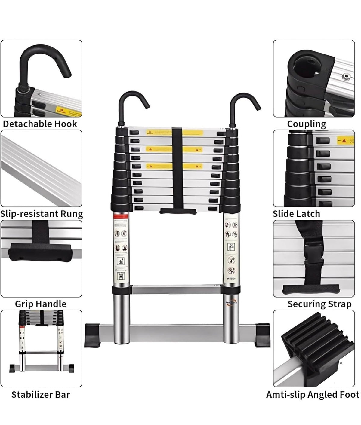 Telescopic Ladder 4.1M 13.5FT Aluminium Extension Loft Ladder with Stabilizer Bar and Detachable Hooks, Multi Purpose Extendable Portable Folding Ladders, EN131 (4.1M/13.5FT)
