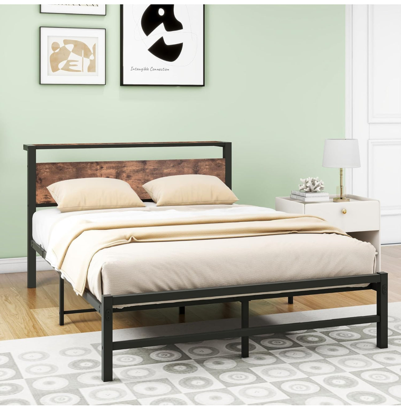 Double Bed Frame with Wood Storage Headboard