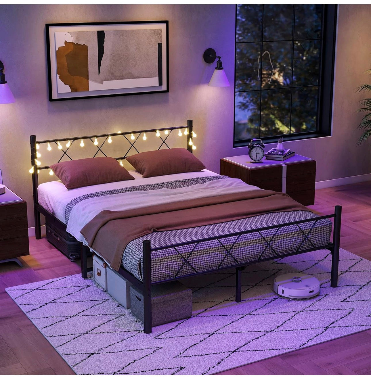 King Size Bed Frame with Headboard & lights,5ft Me