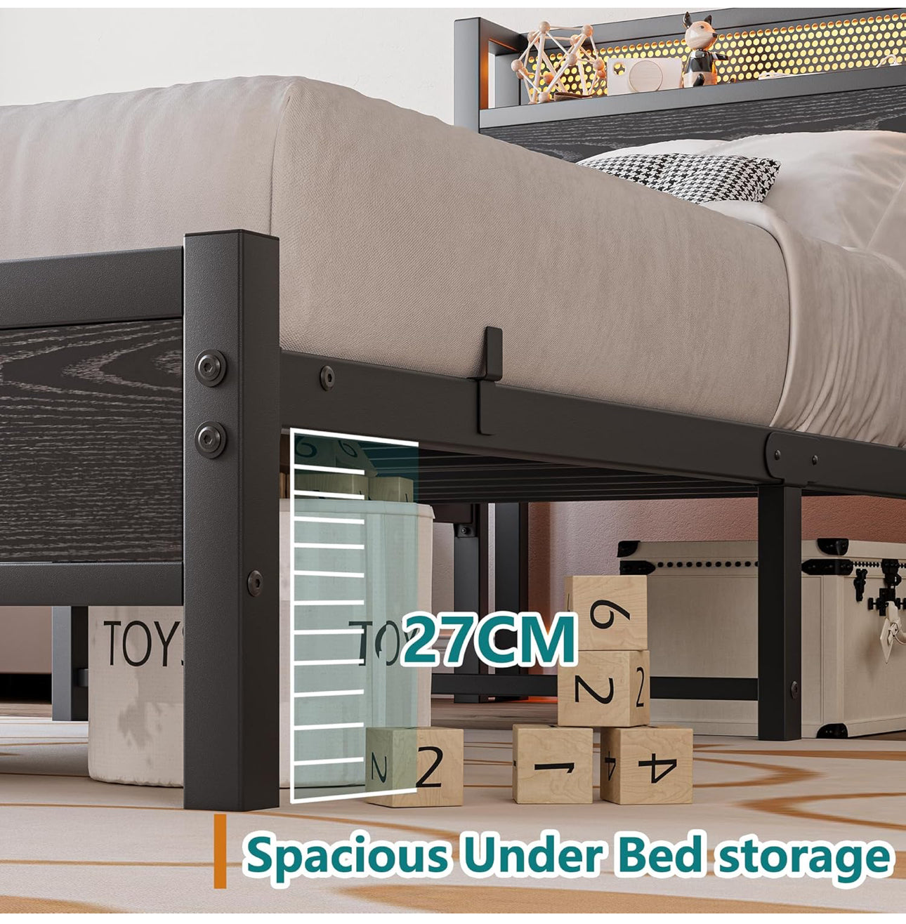Single Bed Frame with Storage Headboard Shelf,LED Lights,3ft Metal Bed Frame Single Bed with Charging Station