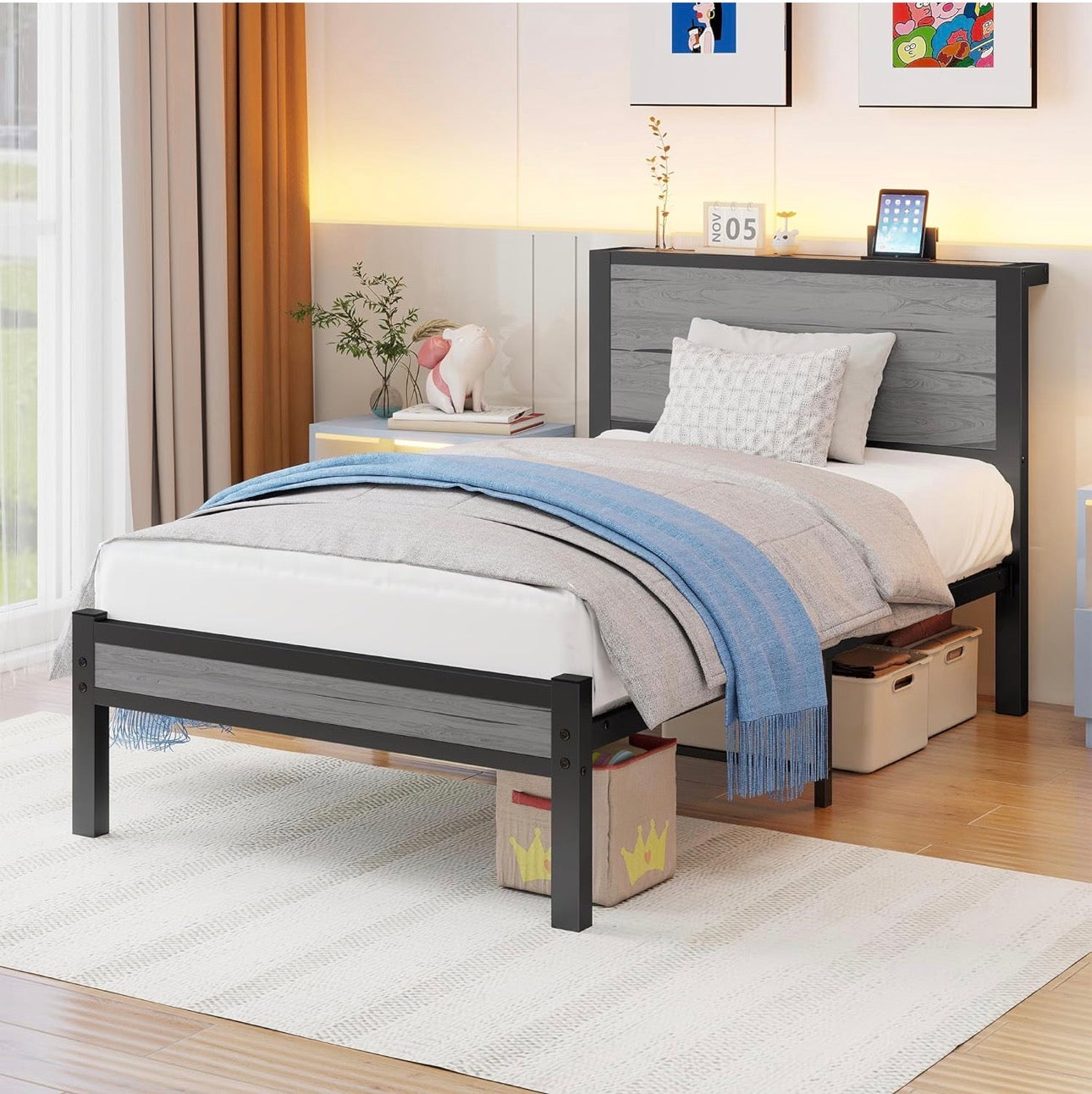 Wooden Single Bed Frame with Storage Headboard Shelf, 3FT Metal Bed Frame Single Bed Base
