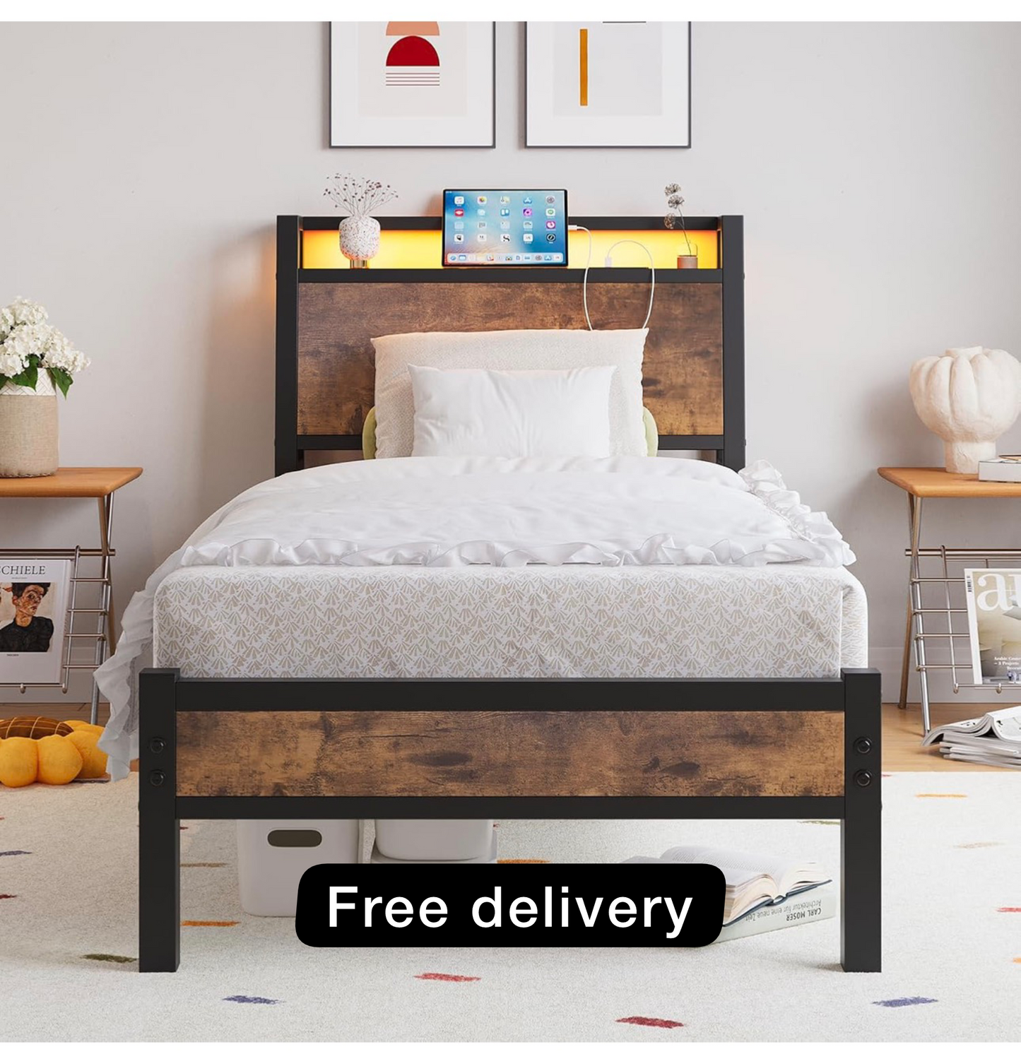 3ft Single Bed Frame with Charging Station and LED Lights, Wood Headboard with Storage Shelves, Heavy Duty Metal Slats, No Box Spring Needed, Noise Free, Easy Assembly,Black