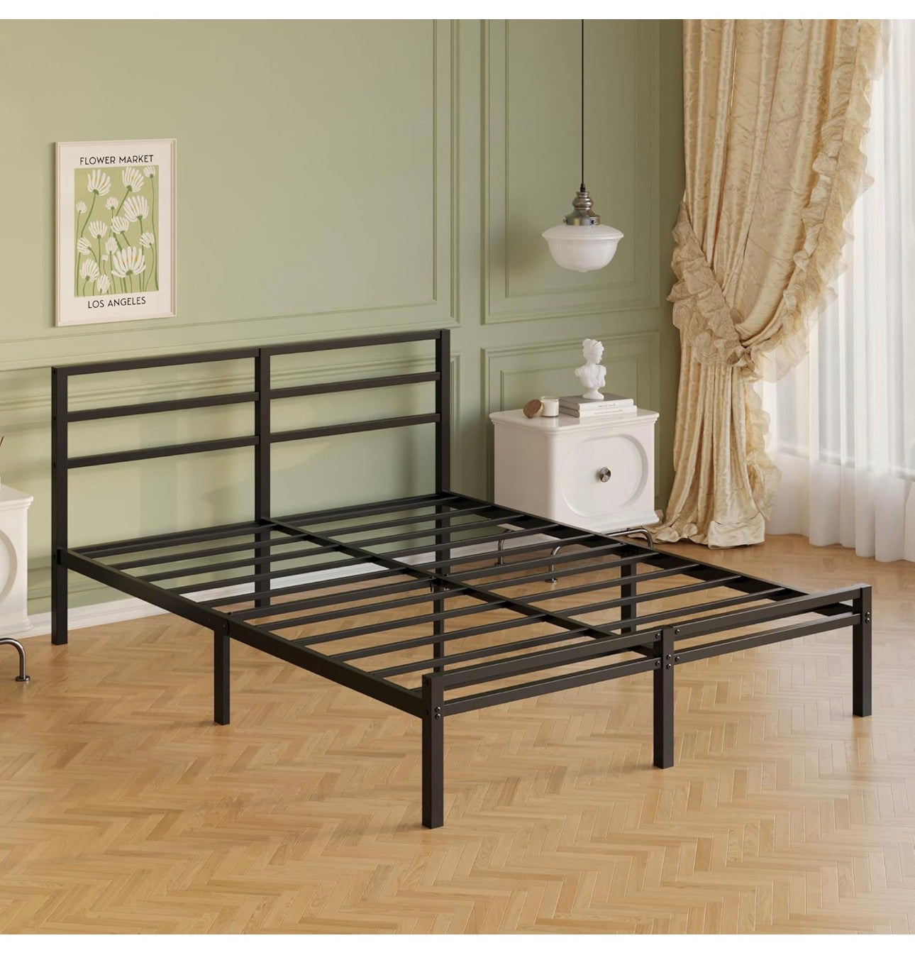 Metal Double Bed Frame with Headboard and Footboard | Fits 135 x 190 cm Mattress, Steel Slats Support, 30 cm Storage Space Underbed, Noise Free, Easy Assembly, Black