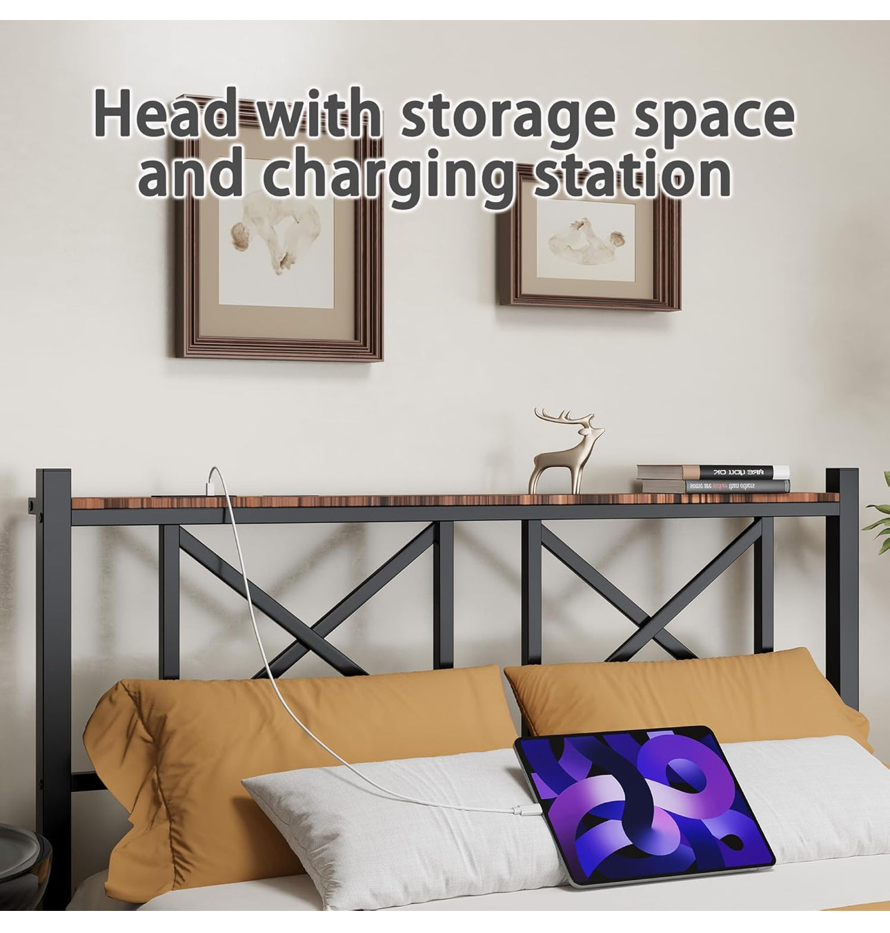 Double Floating Bed Frame with LED Lights and Charging Station