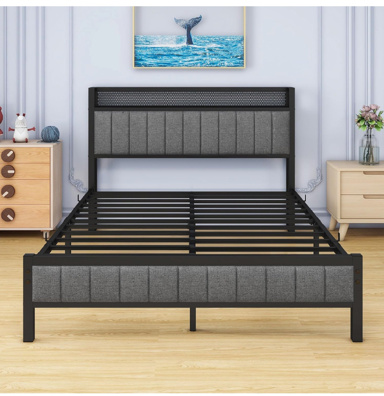 Double Bed Frame with Wooden Storage Headboard Shelf