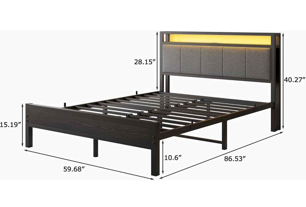 5FT King Size Bed Frame with LED Lights and Charging Station, Heavy Duty Metal Platform Upholstered King Bed frame with Storage Fabric Headboard,Metal Slats Support,Mattress Foundation (Black)