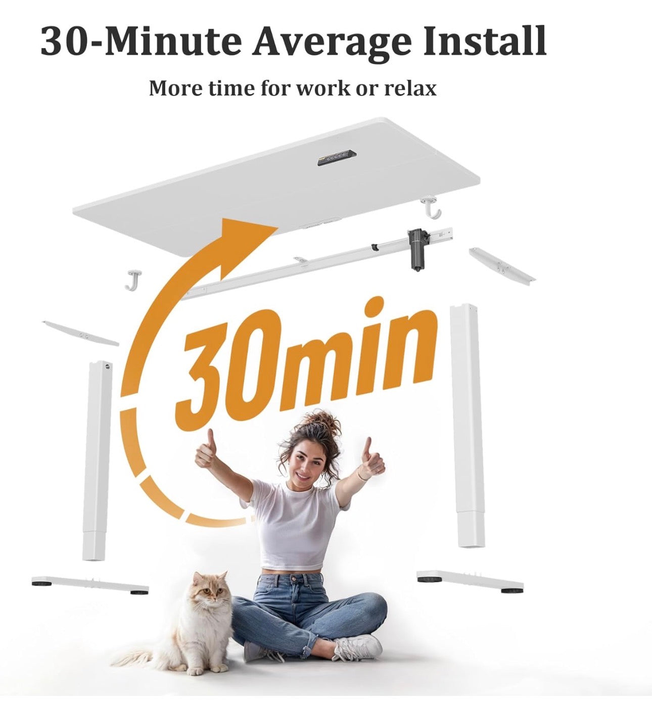 Electric Standing Desk 120 x 60cm, Height Adjustable Sit Stand Desk with 3 Memory Presets, Home Office Desk with Anti-Collision System, Quiet Motor, 2 Hooks, White
