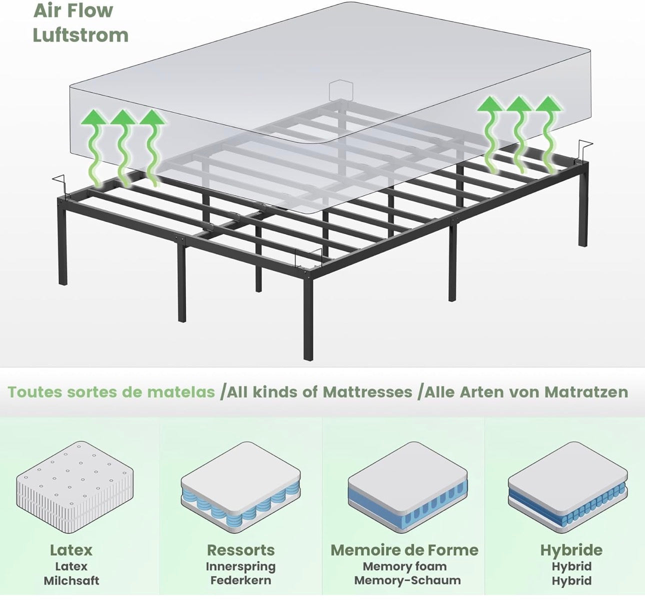 Super King Size Bed Frame 180 x 200 cm - Sturdy Metal Bed Frame with Steel Slat Support - 36cm Height