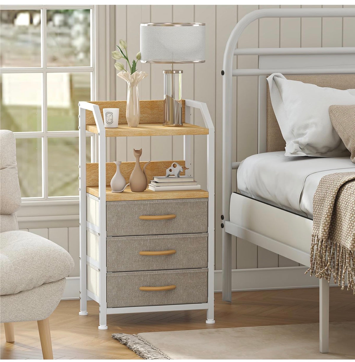 Bedside Table with 3 Fabric Drawers and Open Shelf, Nightstand for Bedroom, Living Room, Small Spaces – Metal Frame & Wooden Top, Compact Sofa End Table with Storage for Home Décor, Khaki