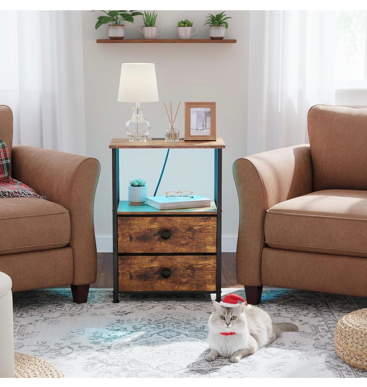 Bedside Tables Set of 2, Side Table with Charging Station
Bed Side Tables with LED Light, Nightstand with 2 Fabric Drawers and Open Storage Shelf, Bedside Cabinets for Bedroom, Brown