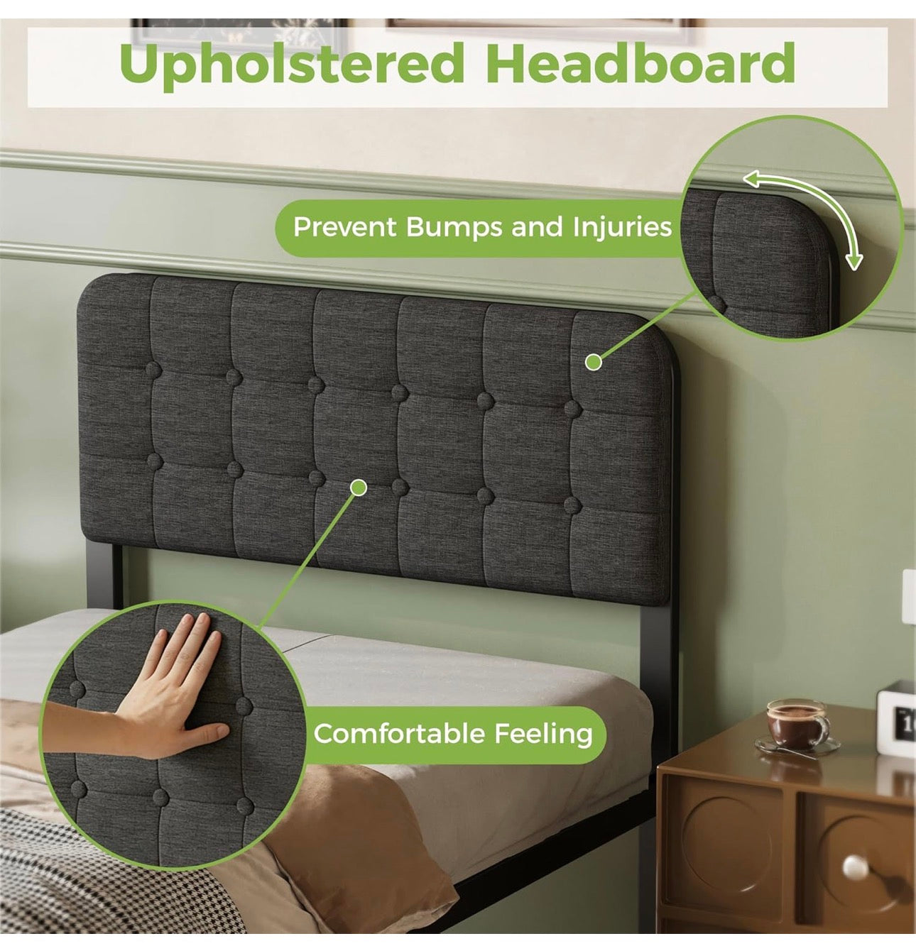 3ft Single Bed Frame with Upholstered Headboard and Footboard, 36cm High Metal Bed Frame Single 90x 190cm