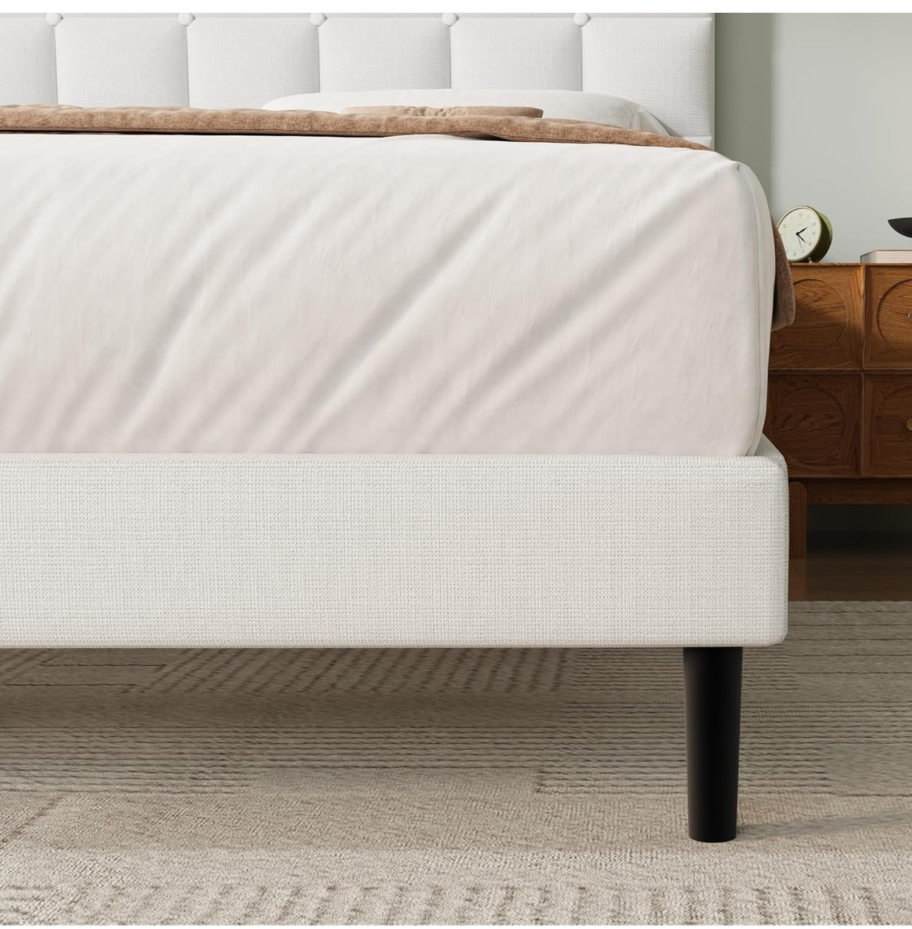 King Bed Frame, Easy Assembly, Sturdy Wooden Slat Support, Upholstered Platform with Headboard