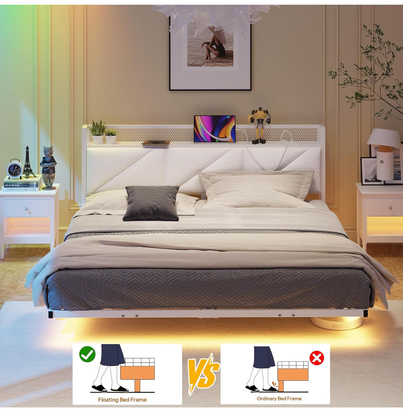 Floating King Bed Frame with LED Lights & USB Charging