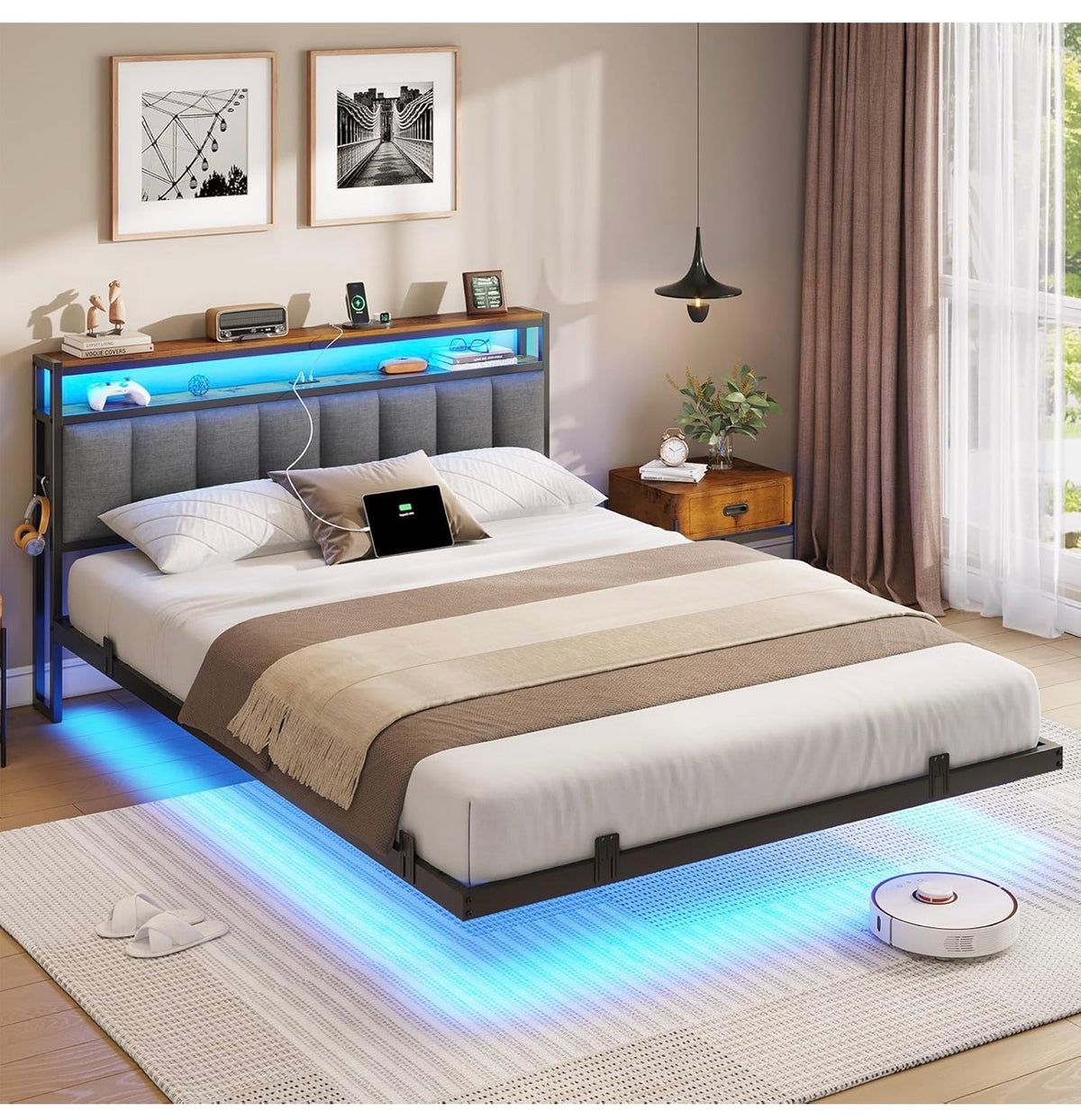 Double Bed Frame 135x190 cm with Floating Visual Effect, 4ft6 Metal Bed Frame with Adjustable LED Lighting and Charging Station, Double Bed with Headboard, Dark Grey (Mattress Not Included)