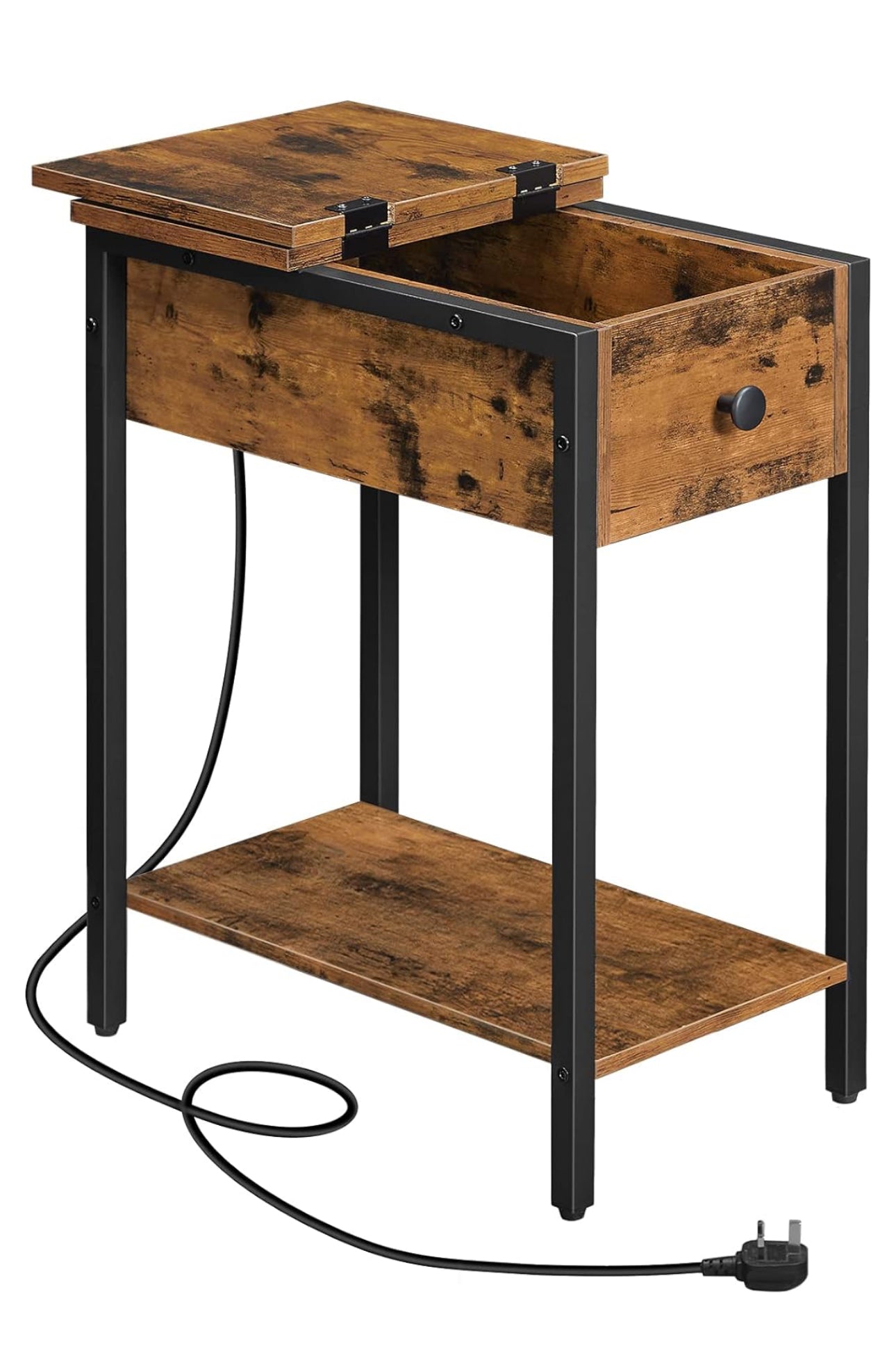 Narrow Side Table, Slim Bedside Table with Charging Station