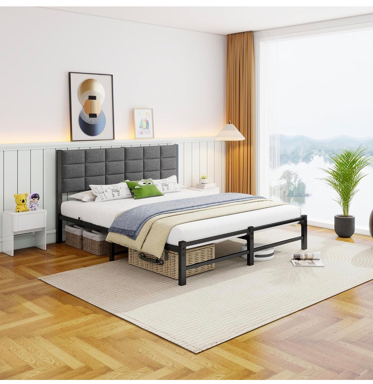 5ft King Size Bed Frame with Headboard,Metal Bed Frame Kingsize Bed Upholstered Platform Bed with Steel Slat Support,No Box Spring Needed,Easy Assembly,Noise Free,Grey Linen