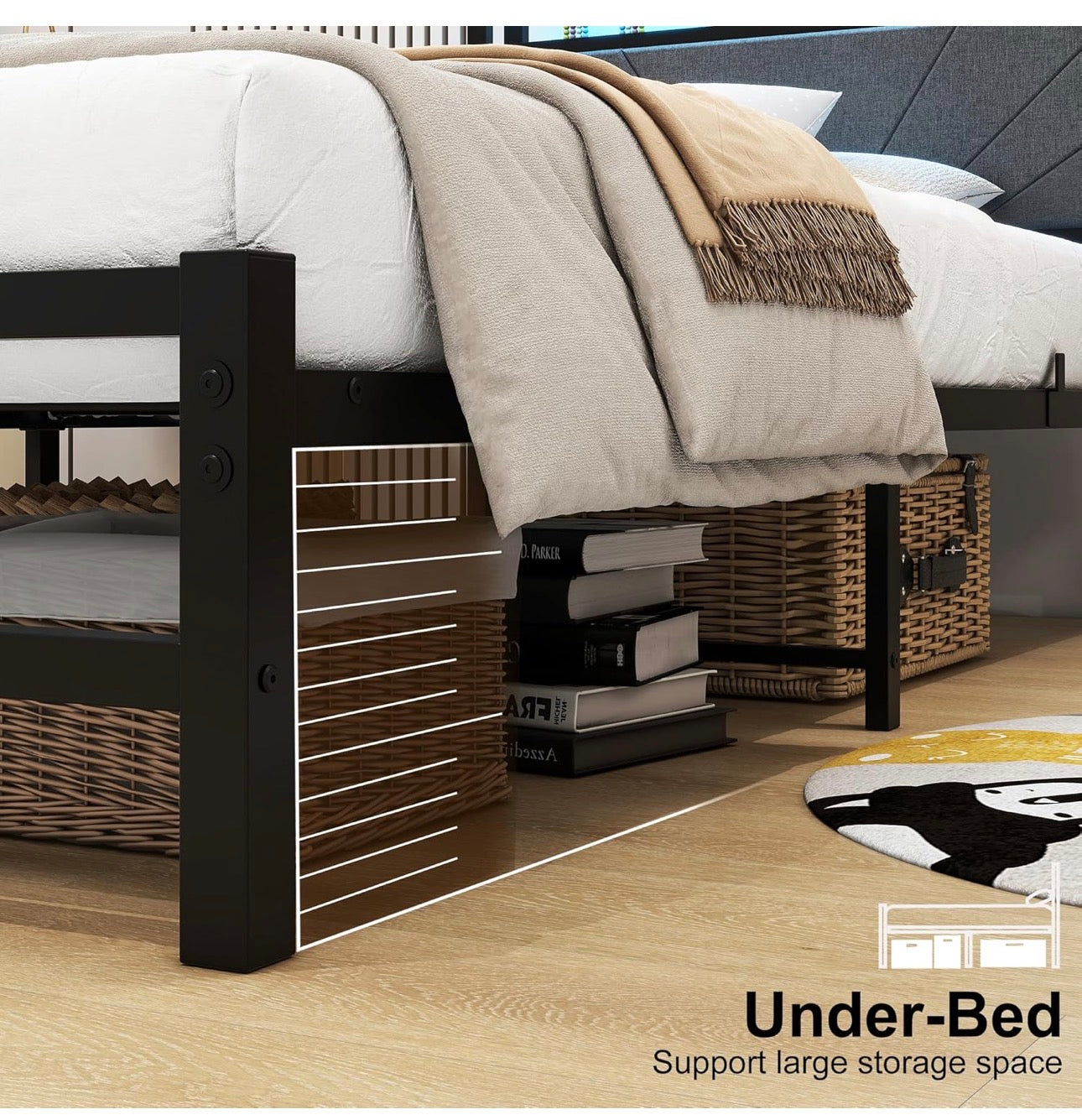 3ft Single Size Bed Frame with LED Lights Storage Upholstered Headboard and Charging Station