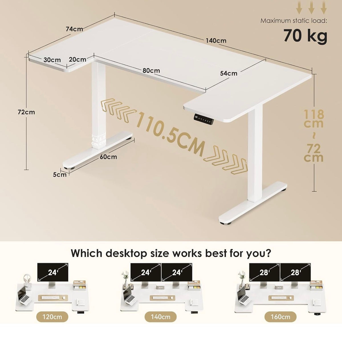 Height Adjustable Desk, U Shaped Standing Desk with 3 Memory Presets
140×70cm Electric Sit Stand Desk, Ergonomic Wrap Around Computer Table, Ultra Quiet Motor for Home Office Living Room, White