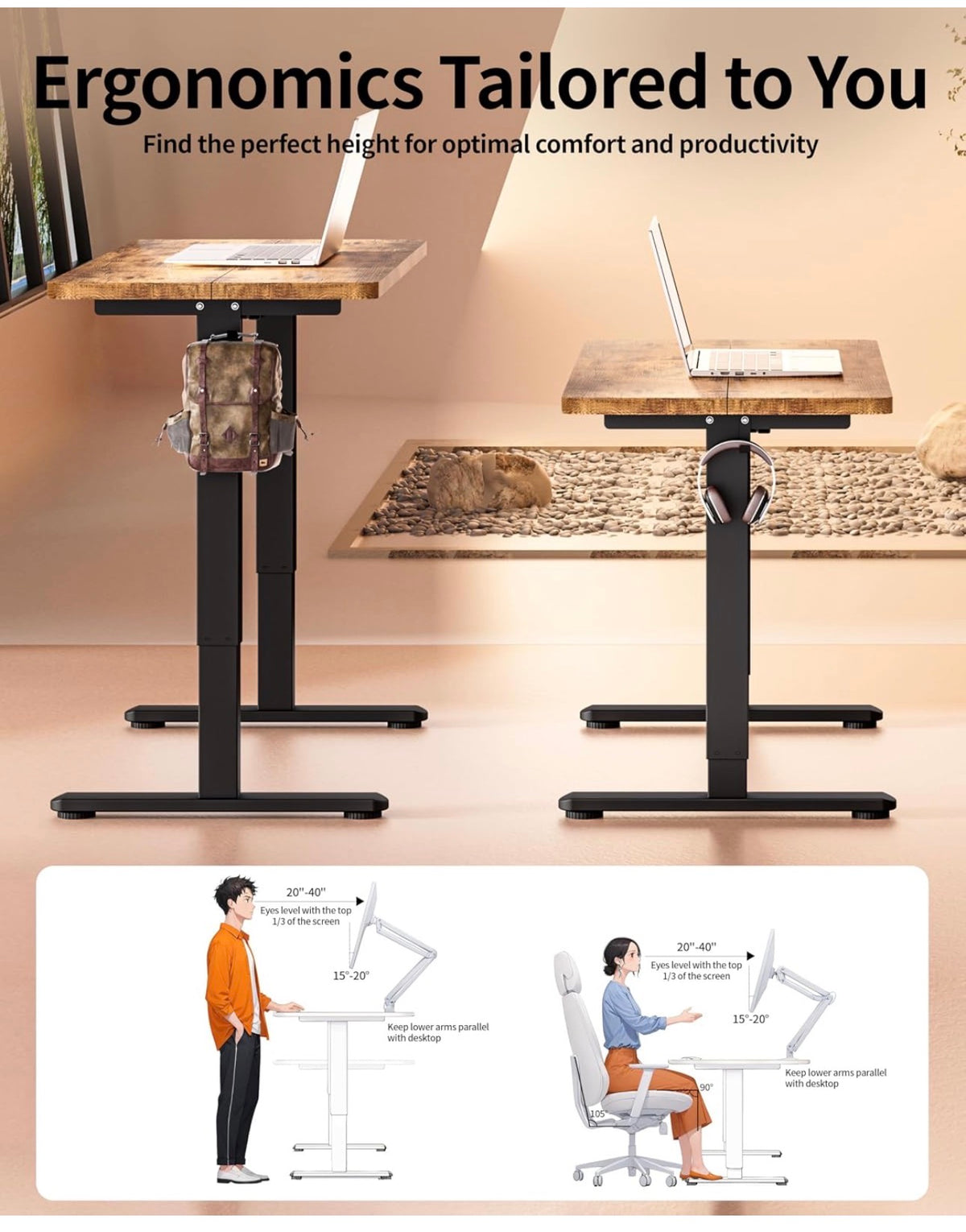 Electric Standing Desk 120x60cm Gaming Desk 3 Memory with Splice Board, 70–115cm Lift, 2 Hooks, 80kg Load, Computer Workstation, Rustic Brown