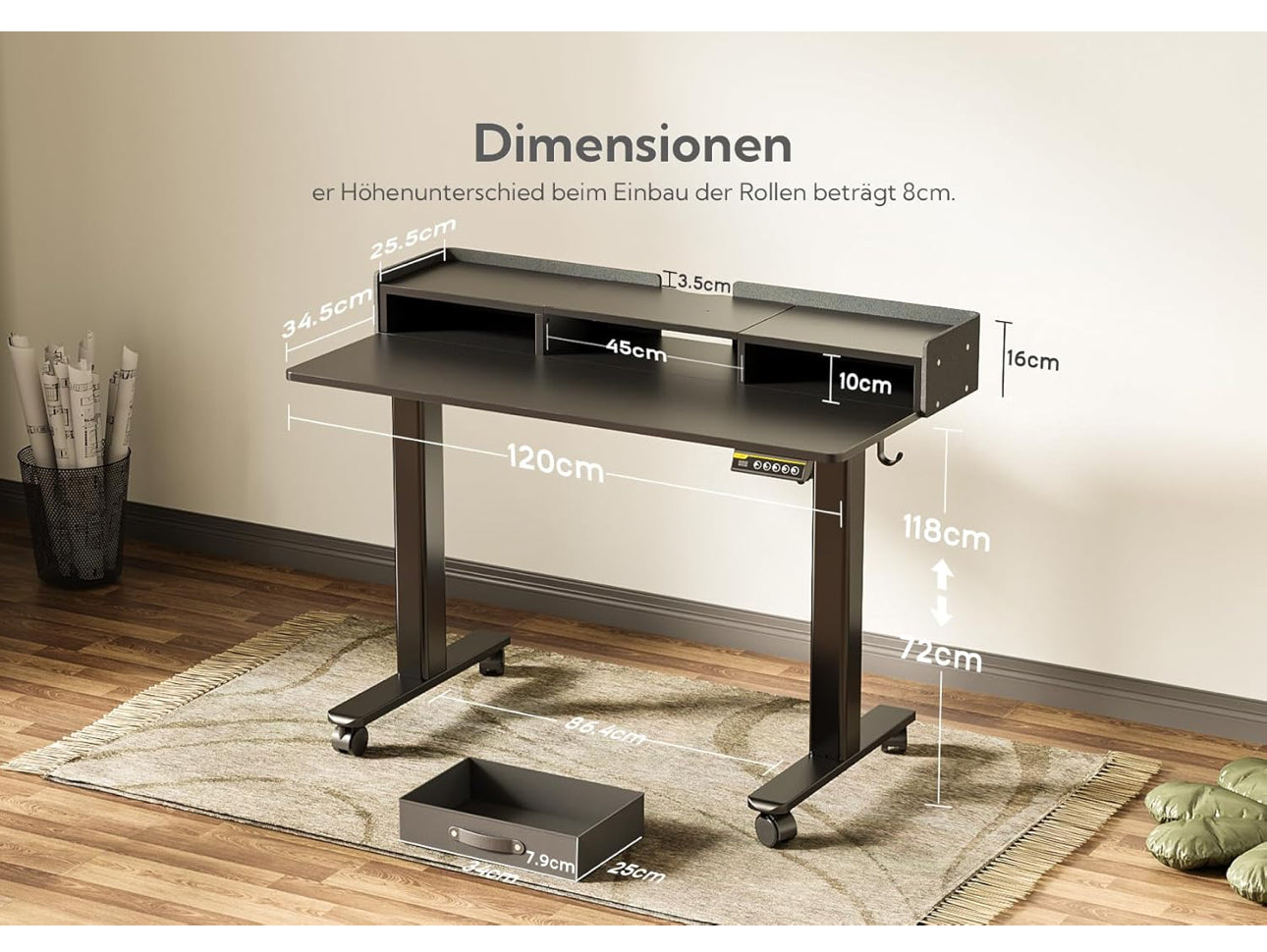 Electric Standing Desk with Drawers, 120x60cm Height Adjustable Desk