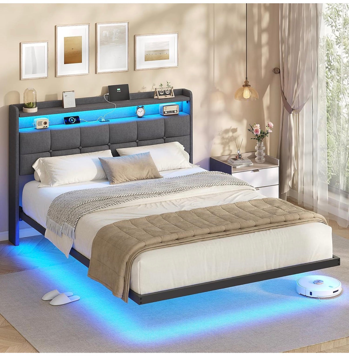 4ft6 Floating Double Bed Frame 135×190CM with LED Lights & Charging Station, Metal Platform Bed frame with Upholstered Headboard, Easy Assembly,Noise Free,No Box Spring Needed,Dark Gray Linen