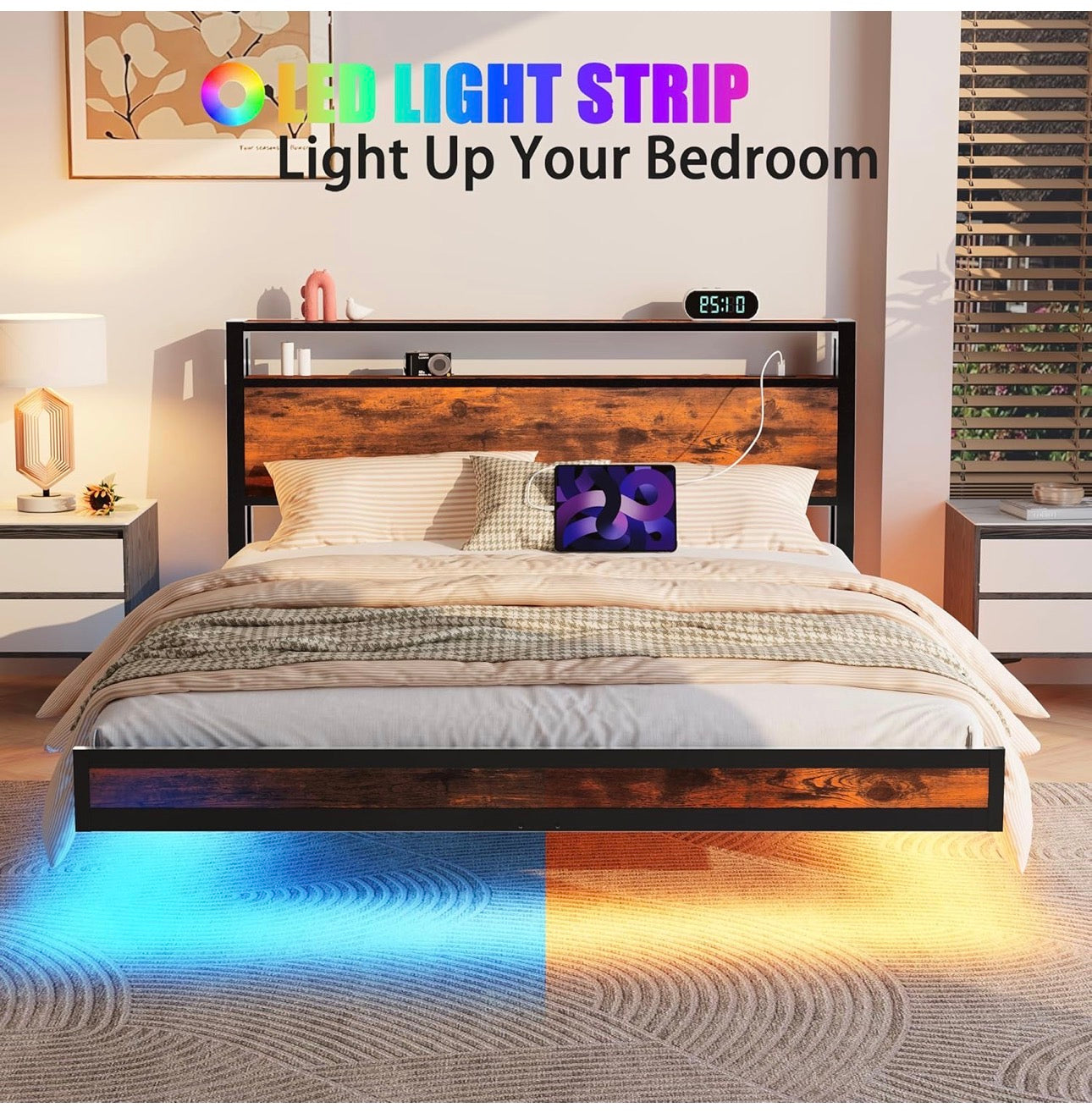 Floating Bed Frame Double Size with Charging Station and LED Lights, Wood Headboard with Storage Shelves
