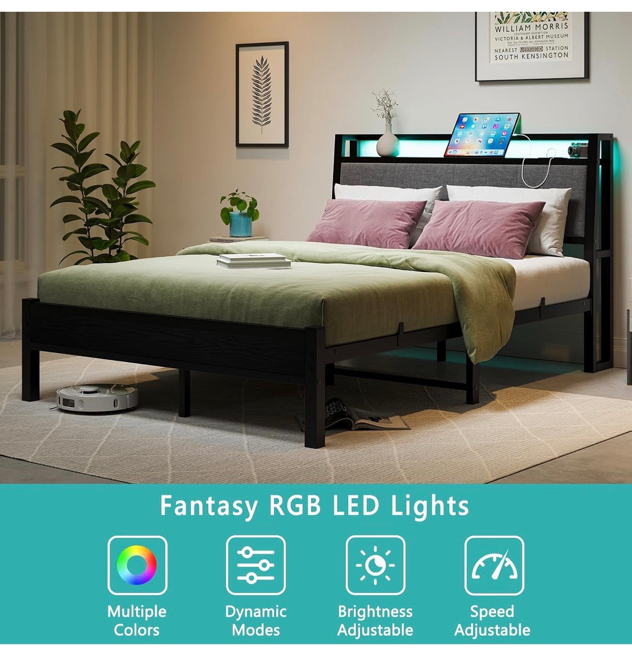Bed Frame, 4FT6 Bed Frame Ergonomics Double with Charging Station and LED Lights, Heavy Duty Platform Full Bed with Fabric Storage Sloped Headboard, No Box Spring Needed, (Black)