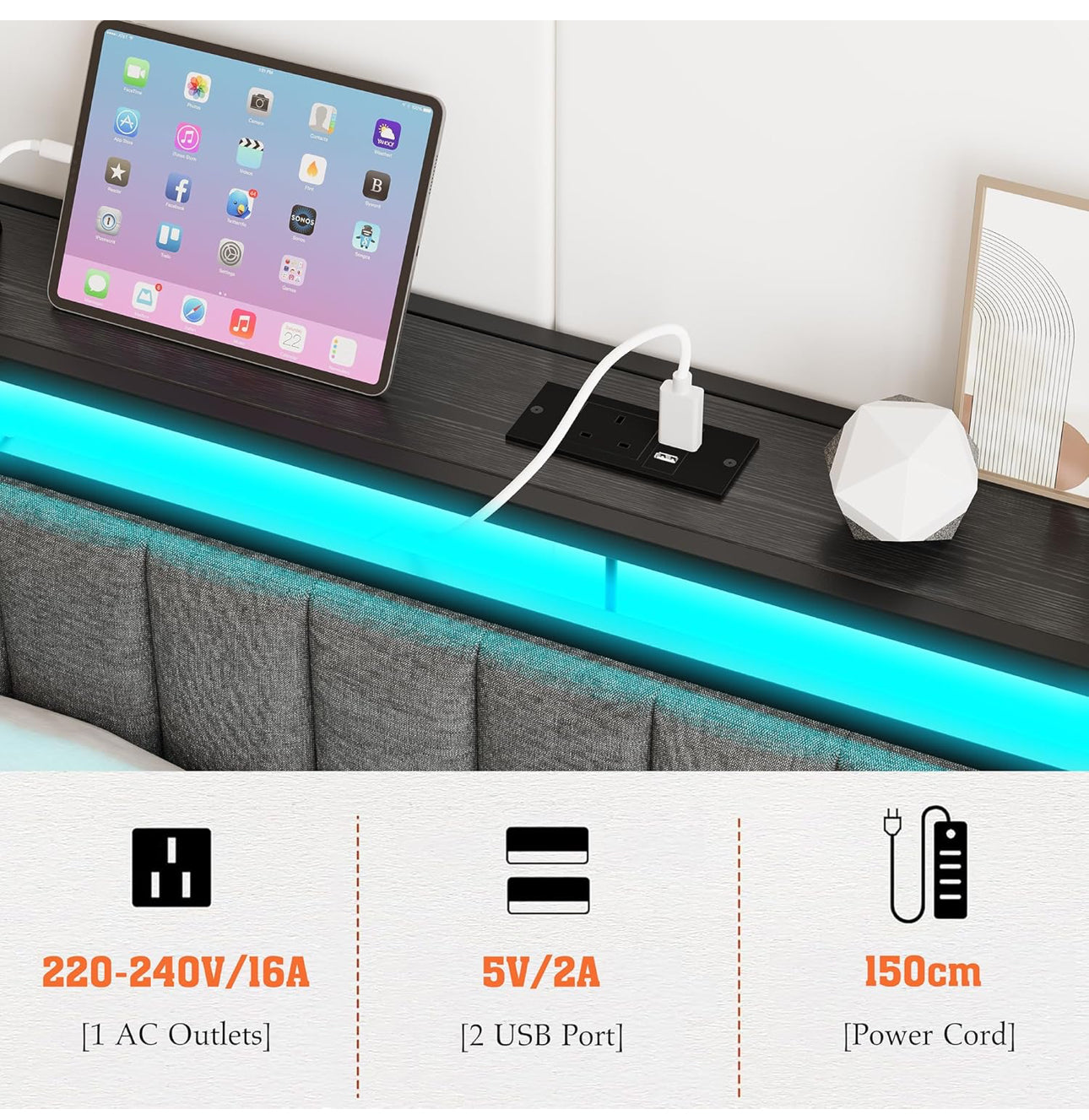 King Size Bed Frame with Storage Headboard, 5ft Upholstered Bed Frame Kingsize with Charging Station and LED Lights