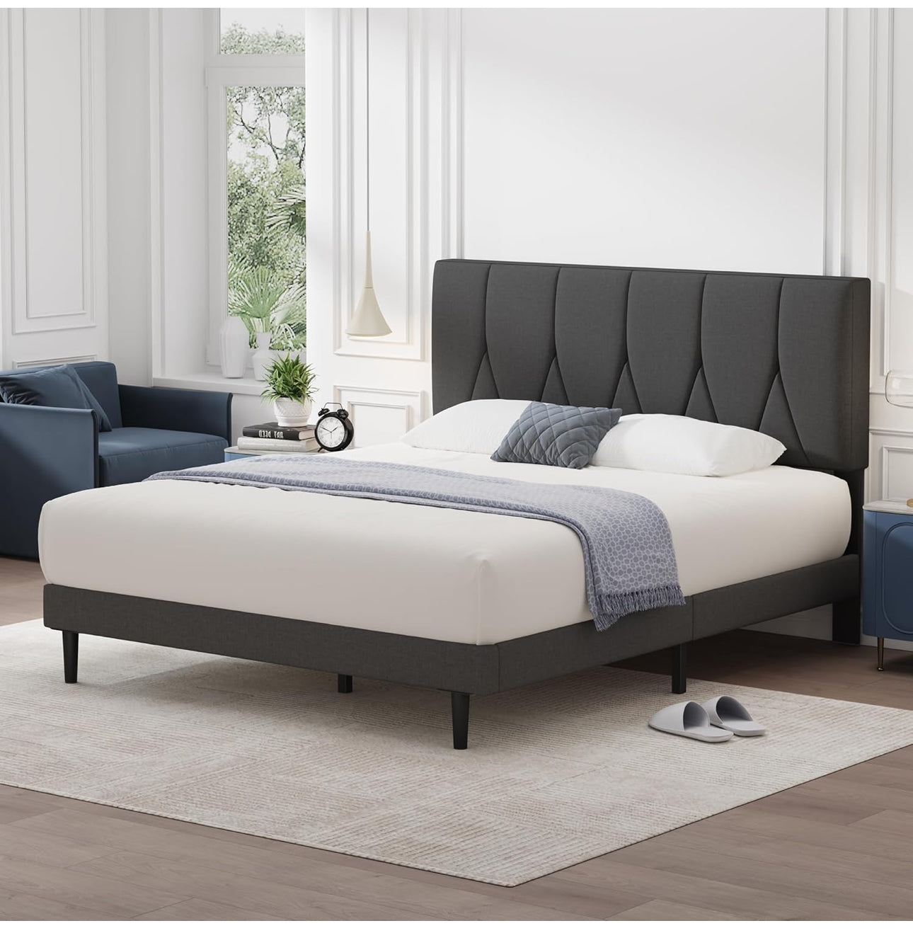 Single Bed Frame, Dark Grey, Upholstered