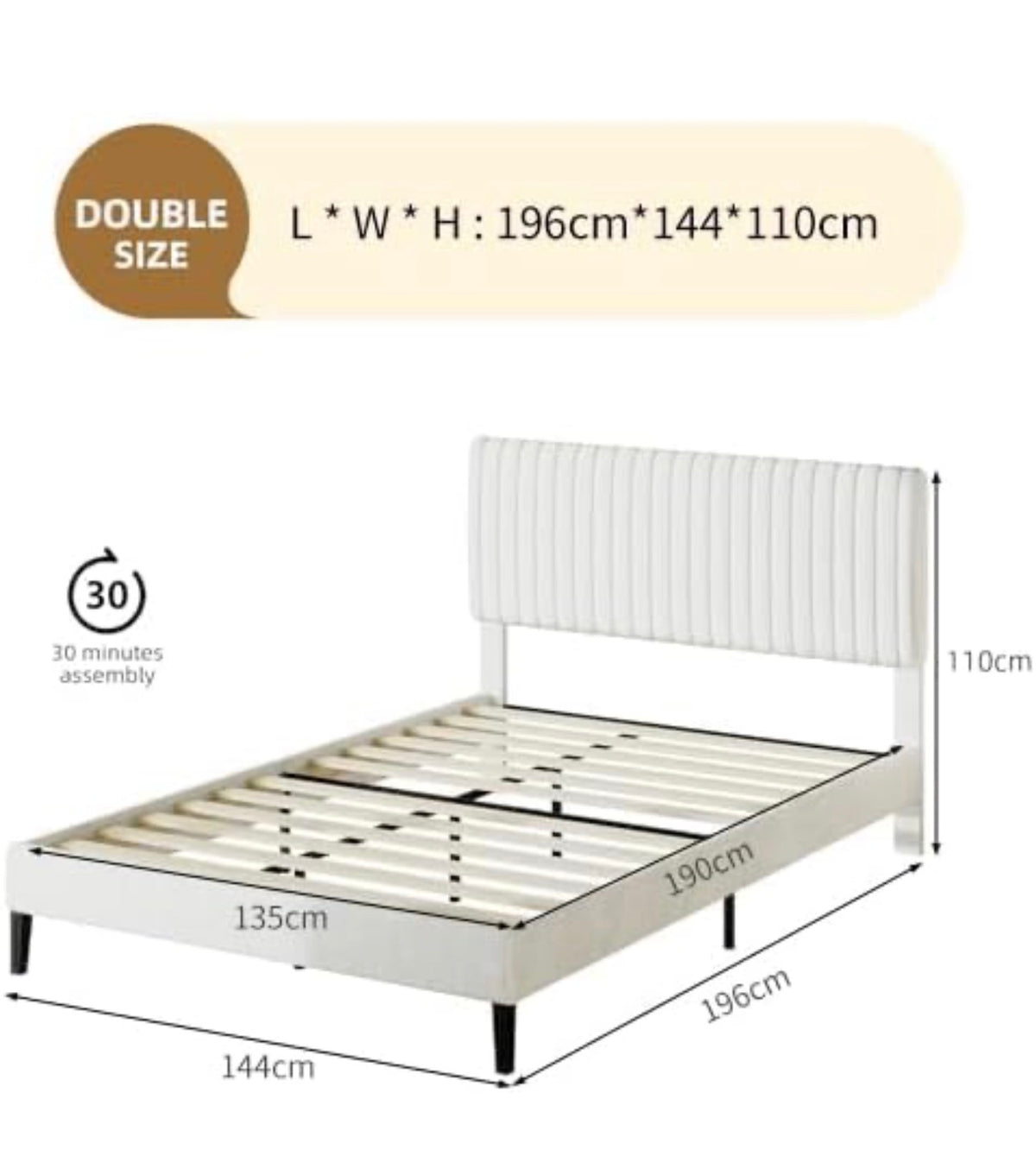 Double Bed Frame with Headboard, 135 X 190, White
Upholstered Bed, Velvet Headboard, Adjustable Height, Wooden Slat Support, No Box Spring Needed