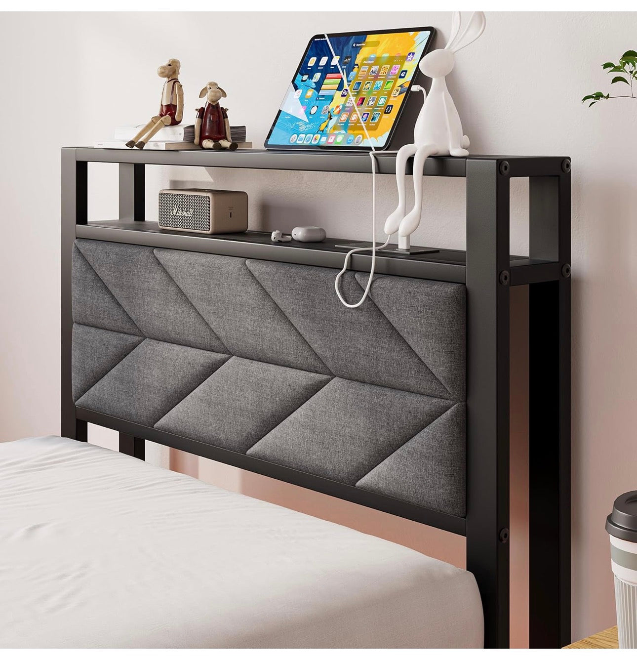 3ft Floating Single Bed Frame Upholstered Platform Bed with Storage Shelf Headboard,Charging Station/LED Lights,Metal Slat Support/Noise Free,No Box Spring Needed,90x190 Single Size,Black