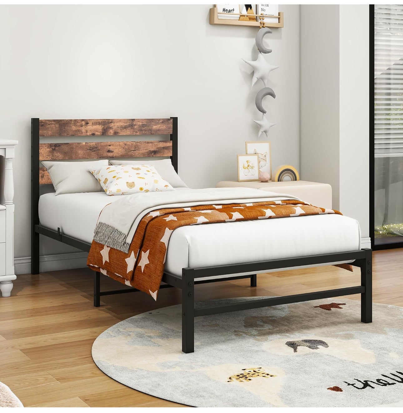 Single Bed Frame Heavy Duty Metal Platform Bed Frame, Black Brown