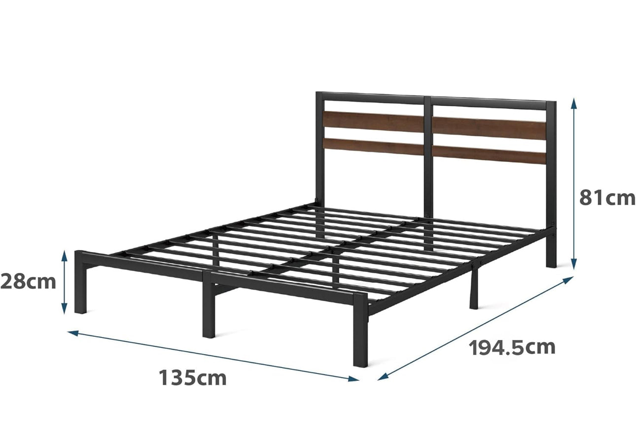 Double Bed Frame with Headboard (135 x 190 cm) – Bamboo and Metal Bed Frame with Steel Slat Support, Easy Assembly – Black & Brown