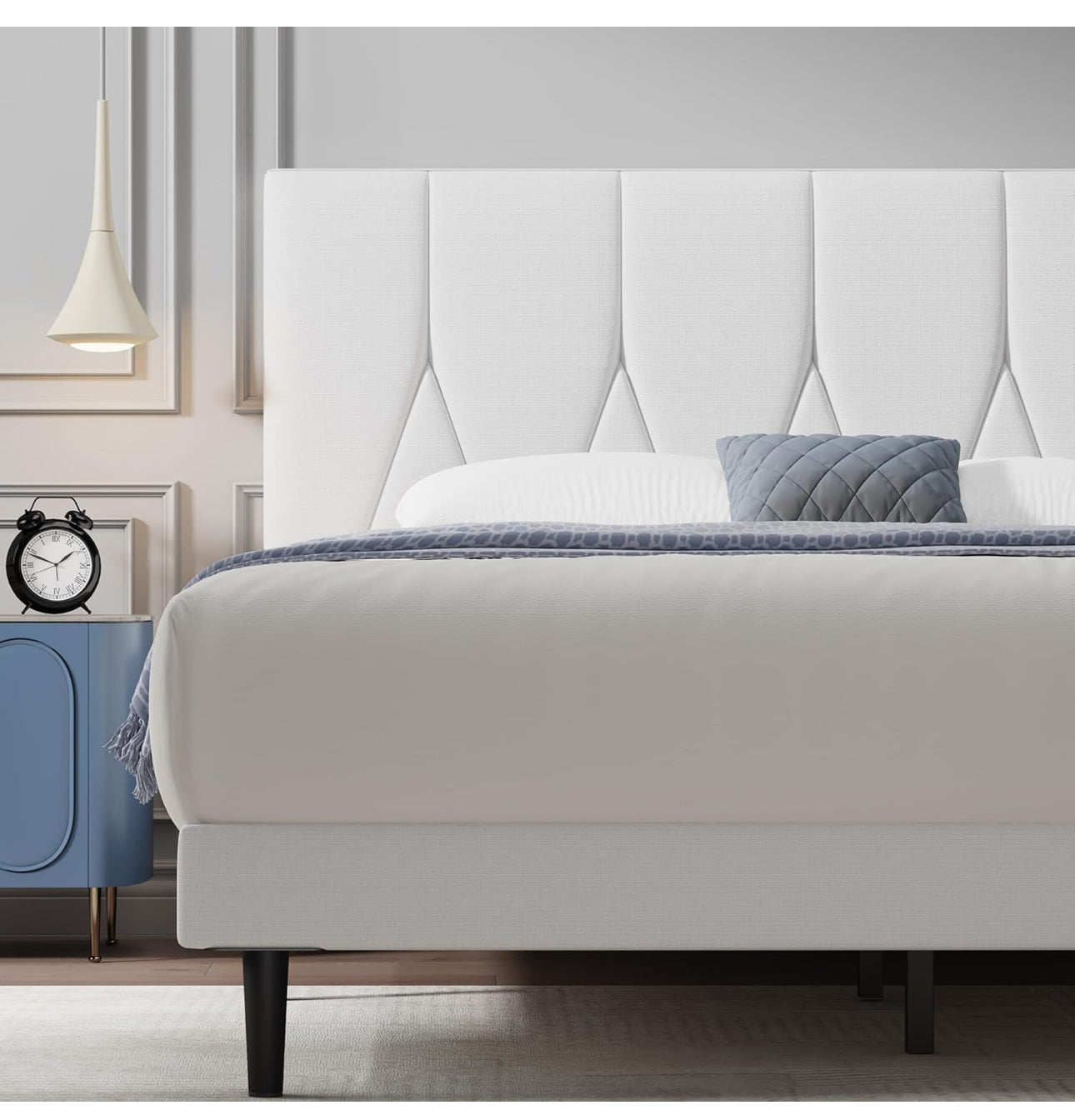 King Bed Frame, White, Upholstered Wooden Slat