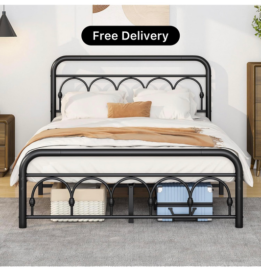 4ft6 Double Bed Frame with High Headboard and Footboard,Vintage Platform Bed Double,Heavy Duty Metal Platform,Steel Slat Support,No Box Spring Needed,Easy Assembly,Black