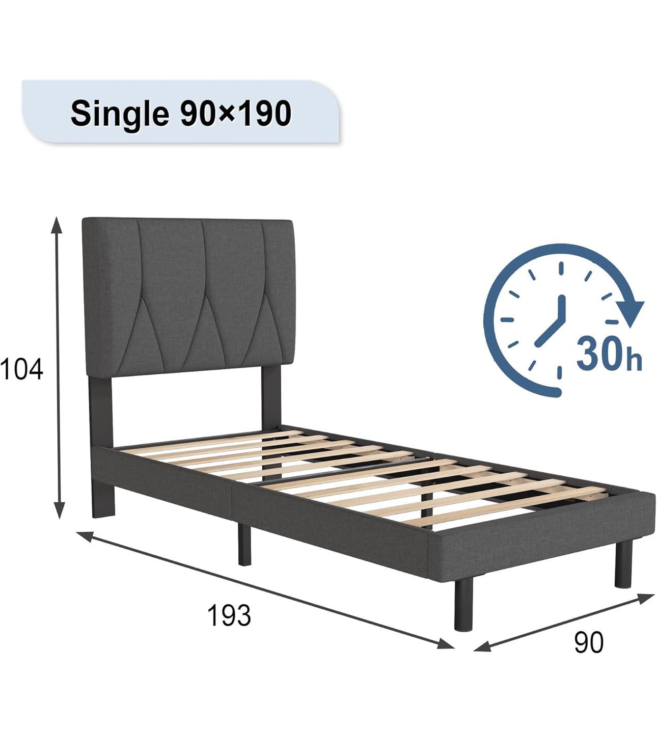 Single Bed Frame, Dark Grey, Upholstered