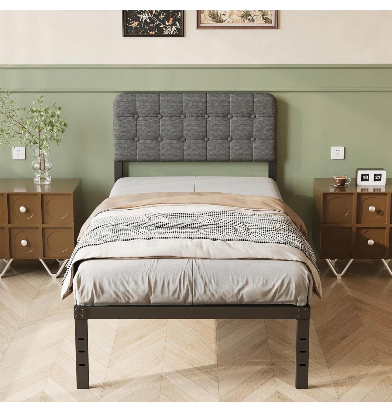 3ft Single Bed Frame with Upholstered Headboard and Footboard, 36cm High Metal Bed Frame Single 90x 190cm