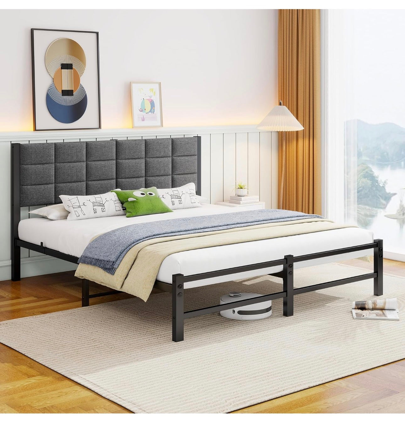 5ft King Size Bed Frame with Headboard,Metal Bed Frame Kingsize Bed Upholstered Platform Bed with Steel Slat Support,No Box Spring Needed,Easy Assembly,Noise Free,Grey Linen