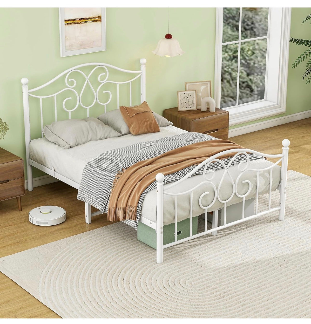 4ft6 Double Bed Frame with Headboard and Footboard Metal Bed Frame Double Mattress Foundation No Box Spring Needed/Easy Assembly/Bedstead Base/White