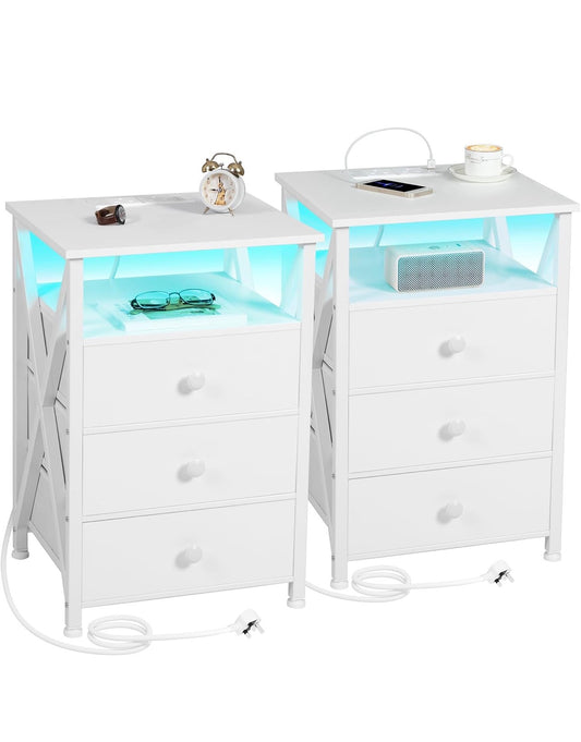 Bedside Table Set of 2 with Charging Station, Side Table with Led Lights, Bedside Cabinet with 3 Fabric Storage Drawers, End Table, Sofa Side Table, Nightstand for Living Room