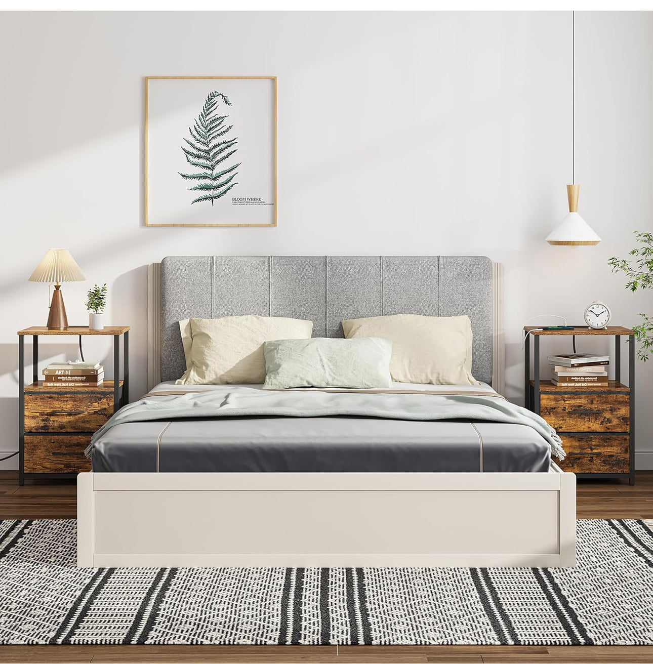 Bedside Table with Charging Station, Side Table with 2 USB Ports and Outlets, Nightstand with Cloth Drawer, Set of 2, End Table, Brown