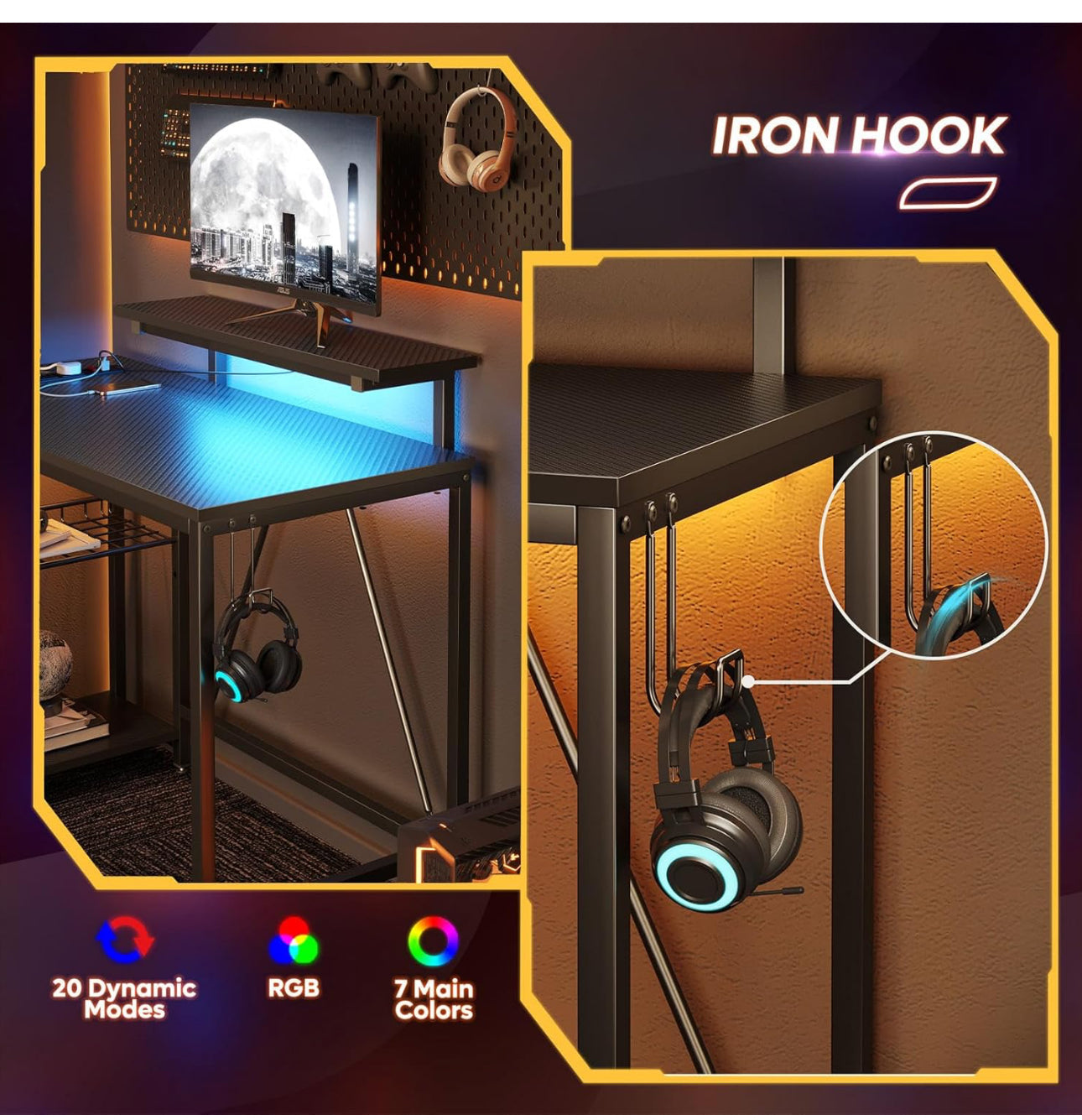 106.5CM L-Shaped Gaming Desk with RGB LED Lights